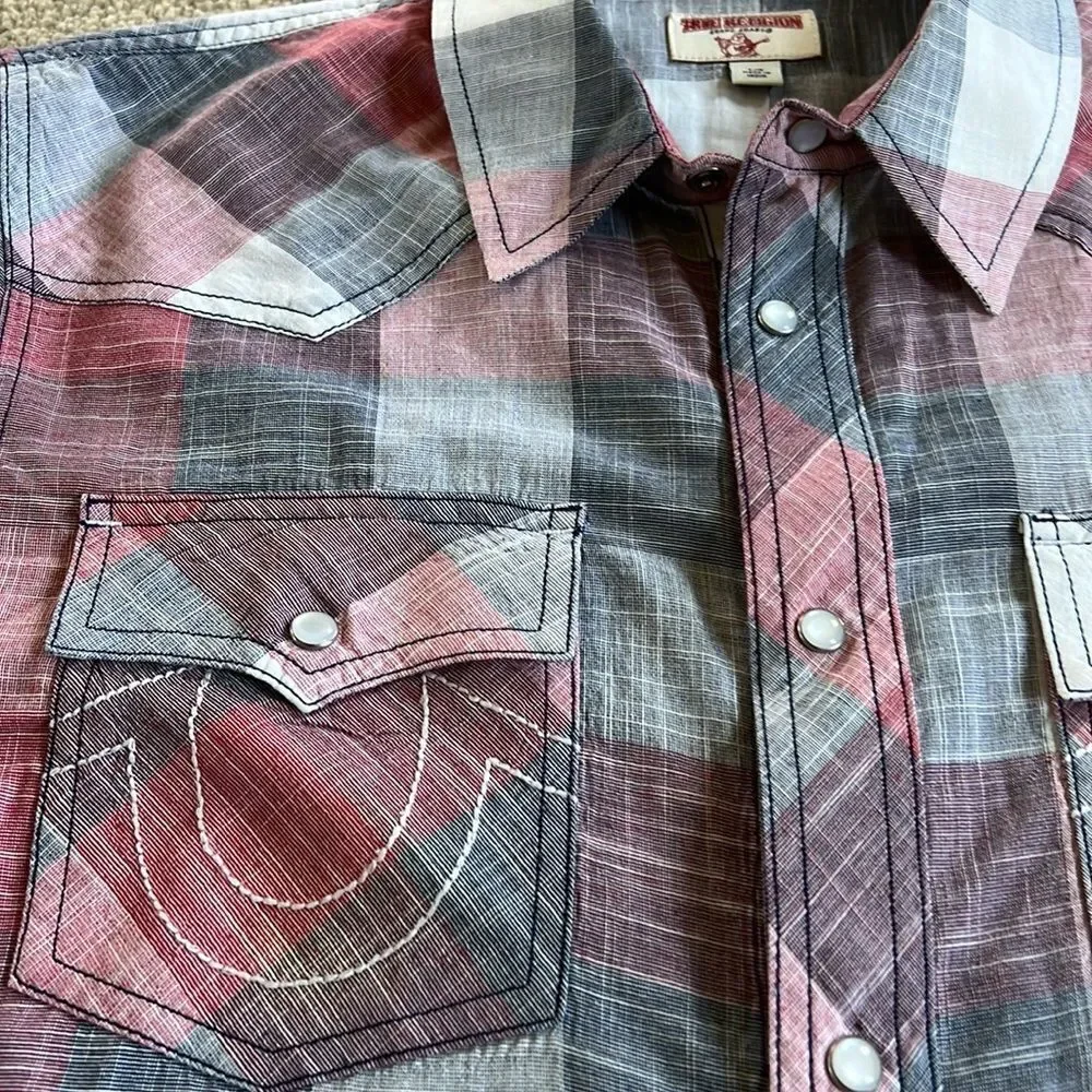 True Religion Western Woven Short Sleeve Button Shirt size L EUC